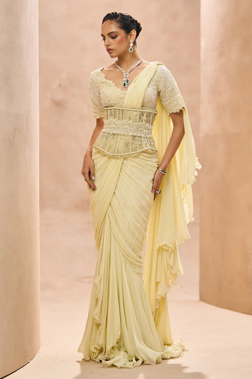 Cesca Butter Yellow Ruffle Saree Set