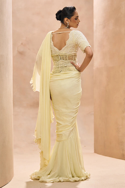 Cesca Butter Yellow Ruffle Saree Set