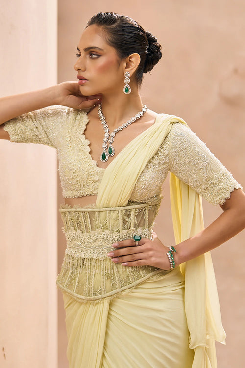 Cesca Butter Yellow Ruffle Saree Set