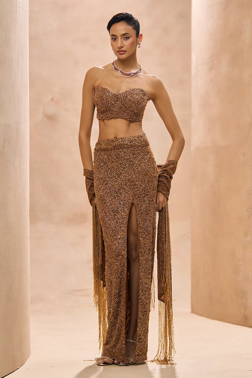 Sia Brown Bustier and Pencil Fit Slit Skirt Set