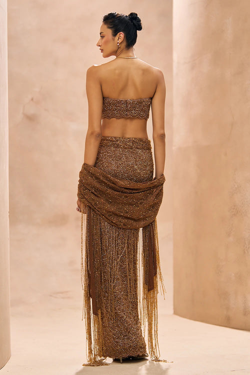 Sia Brown Bustier and Pencil Fit Slit Skirt Set