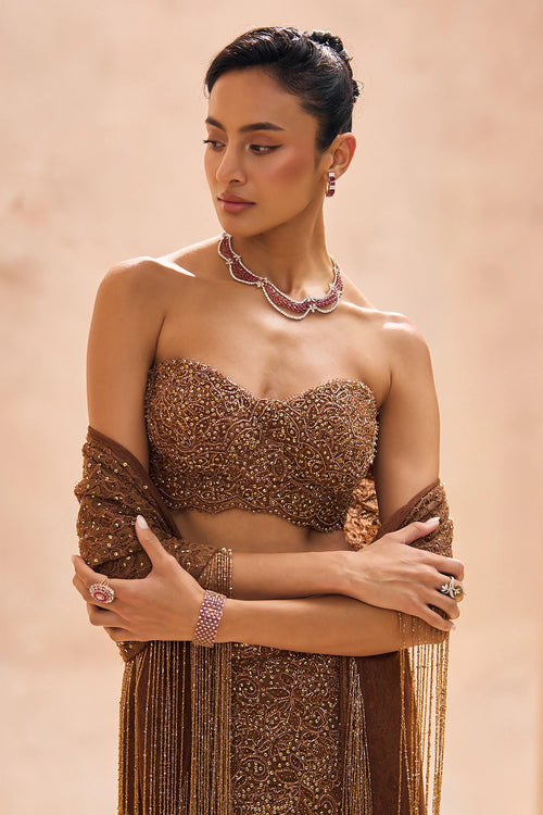 Sia Brown Bustier and Pencil Fit Slit Skirt Set