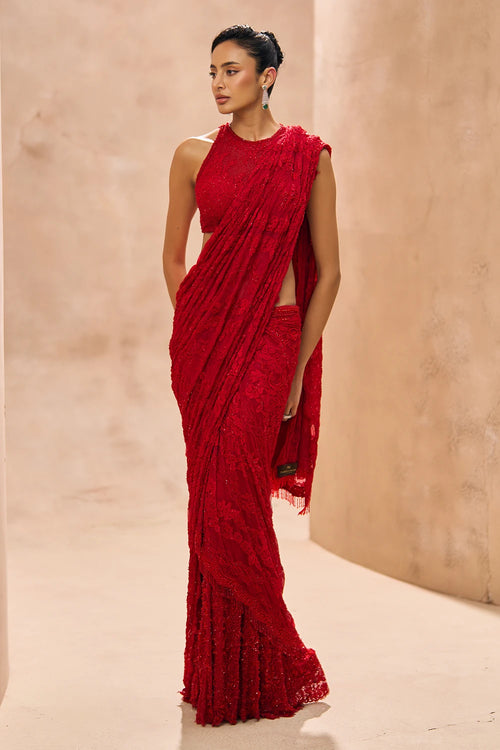 Renee Red Embellished Lehenga Saree Set