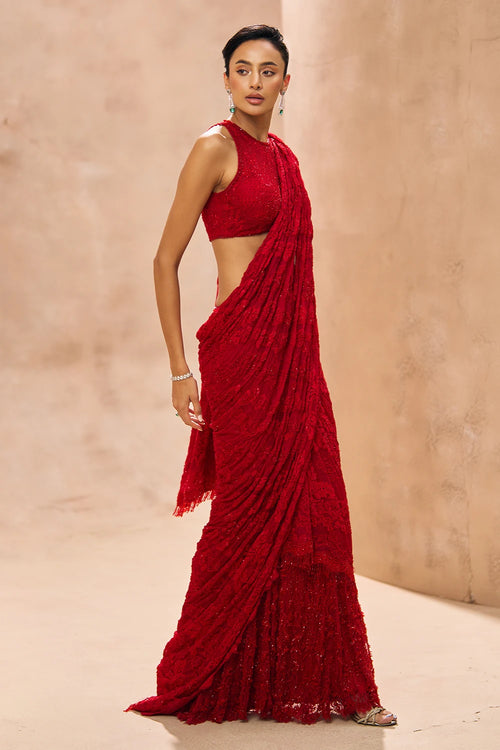 Renee Red Embellished Lehenga Saree Set