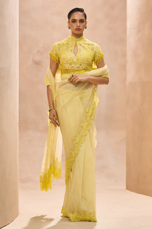 Ophelia Yellow Silk Blouse With Pre Stiched Saree Set