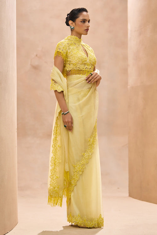 Ophelia Yellow Silk Blouse With Pre Stiched Saree Set