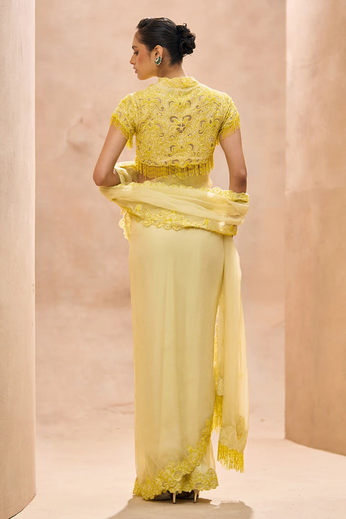Ophelia Yellow Silk Blouse With Pre Stiched Saree Set