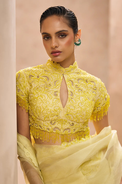Ophelia Yellow Silk Blouse With Pre Stiched Saree Set