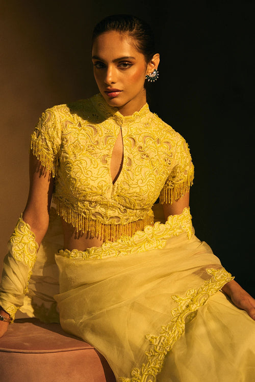 Ophelia Yellow Silk Blouse With Pre Stiched Saree Set