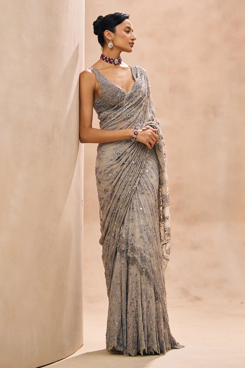 Lainey Grey Fully Embellished Concept Lehenga Saree Set