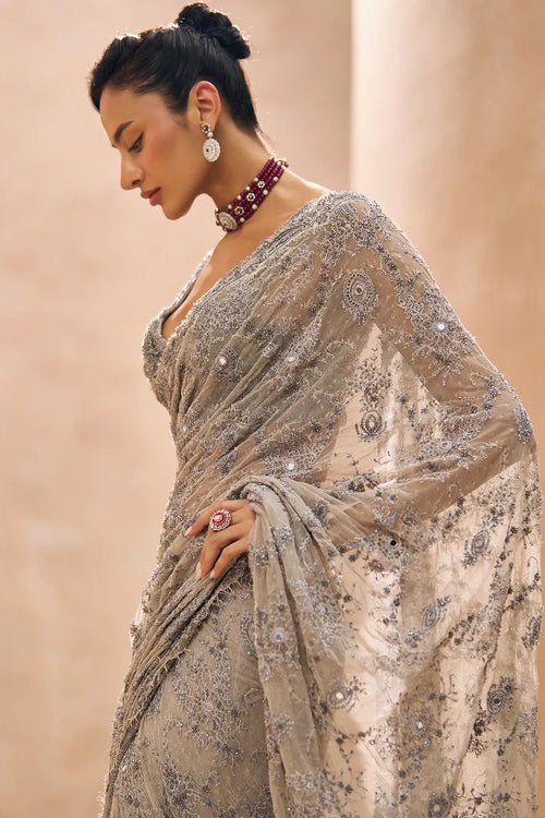 Lainey Grey Fully Embellished Concept Lehenga Saree Set