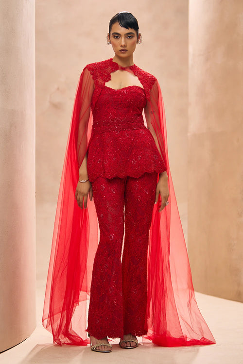 Aeris Red Embellished Kurta With Cape Set