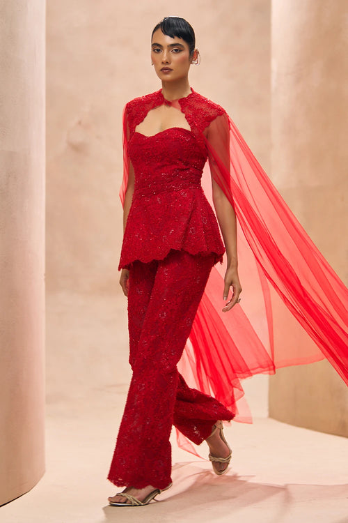 Aeris Red Embellished Kurta With Cape Set