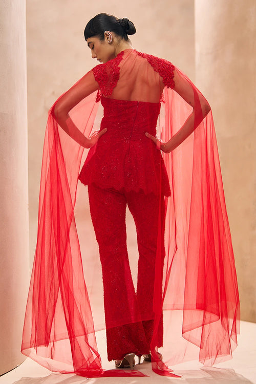 Aeris Red Embellished Kurta With Cape Set