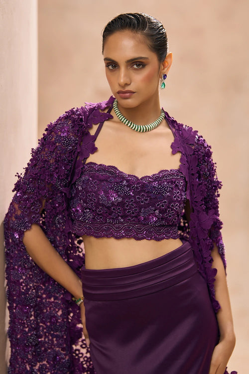Betty Purple Embellished Bustier and Pencil Skirt Set
