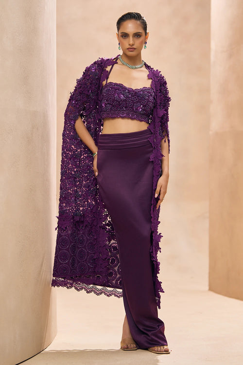 Betty Purple Embellished Bustier and Pencil Skirt Set