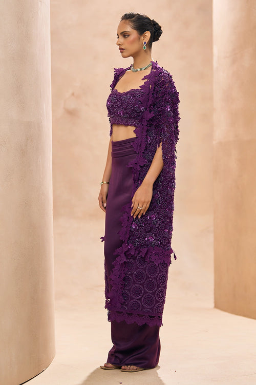 Betty Purple Embellished Bustier and Pencil Skirt Set