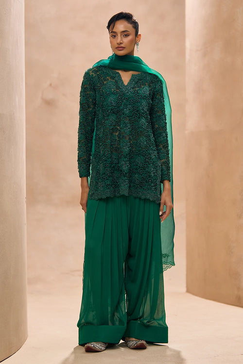 Arvi Emerald Green Embellished Short Kurta Farshi Salwar Set