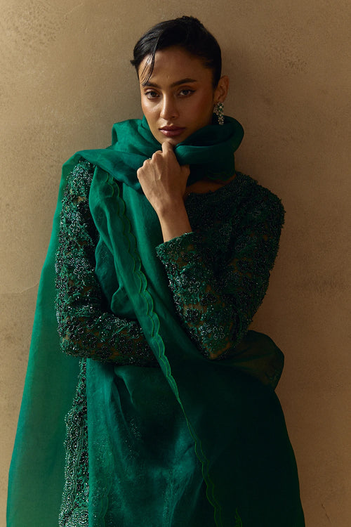 Arvi Emerald Green Embellished Short Kurta Farshi Salwar Set