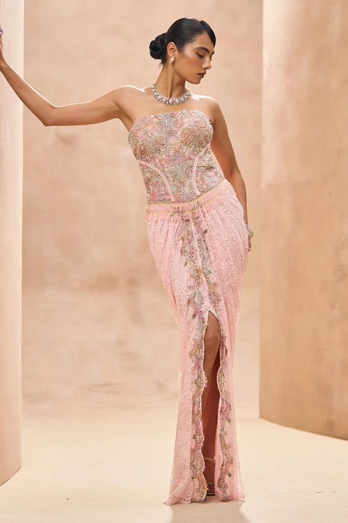 Aari Baby Pink Corset Top With Drape Skirt Set