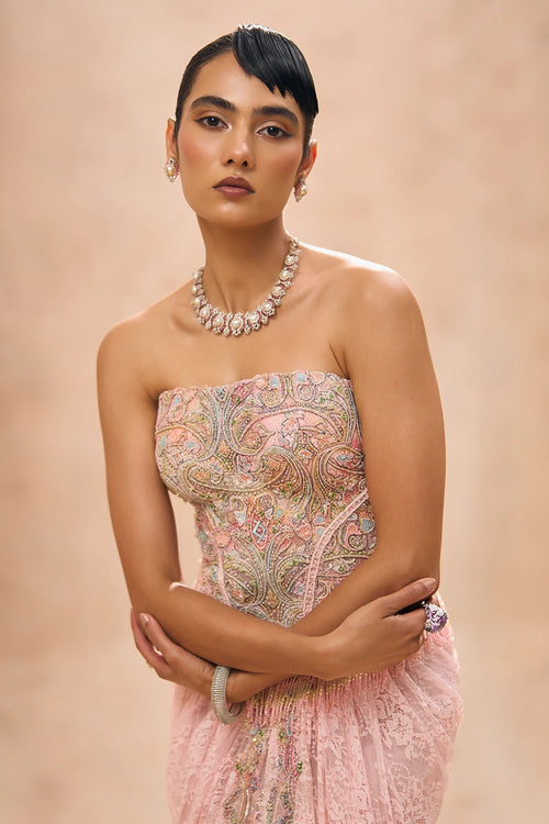 Aari Baby Pink Corset Top With Drape Skirt Set