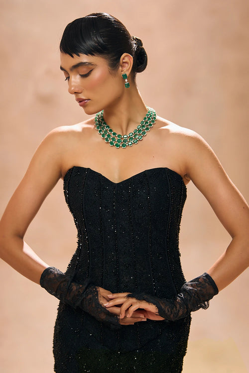 Aurelia Black Embellished Corset With Fishcut Skirt Set