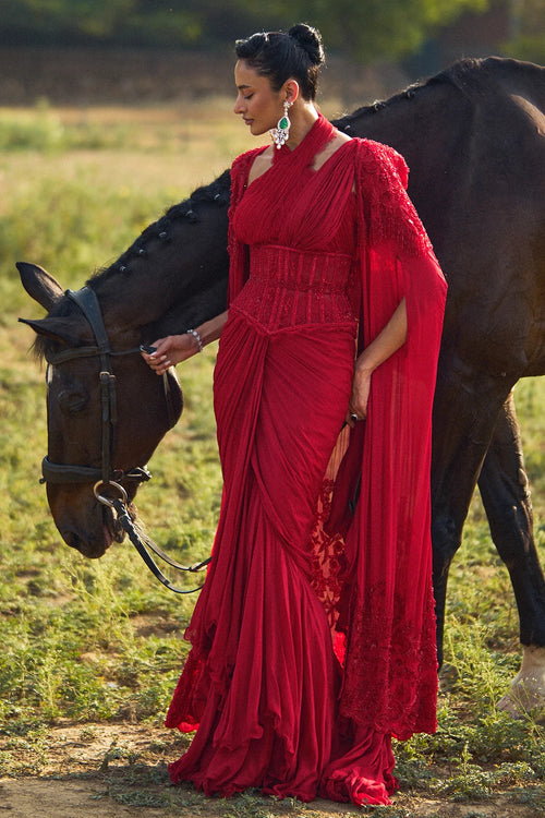 Reine Red Ruffle Saree With Cape Set