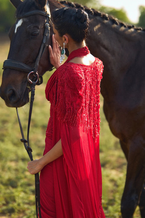 Reine Red Ruffle Saree With Cape Set
