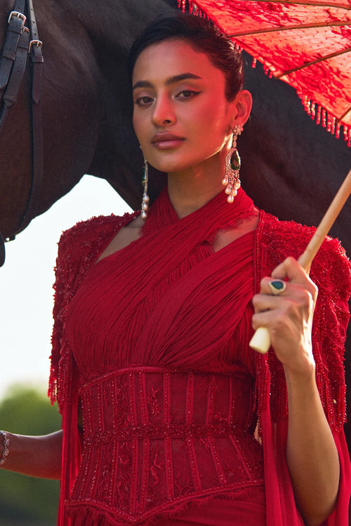 Reine Red Ruffle Saree With Cape Set