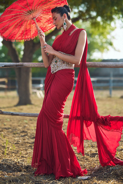 Noemie Red Ruffle Saree With Corset Set
