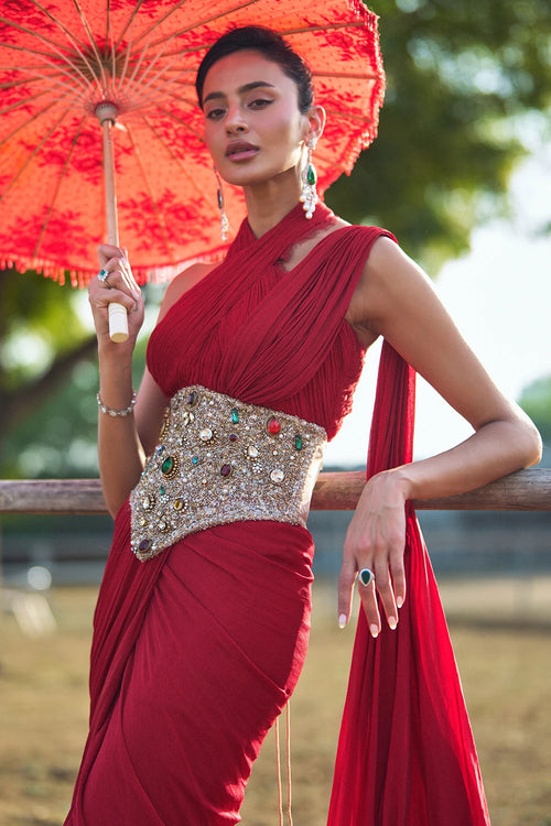Noemie Red Ruffle Saree With Corset Set