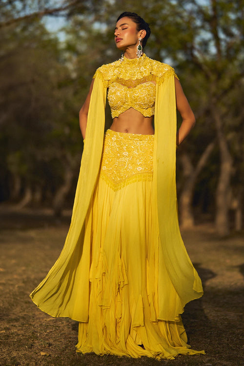 Cia Yellow Cape and Frill Skirt Set
