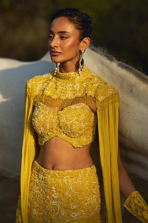 Cia Yellow Cape and Frill Skirt Set