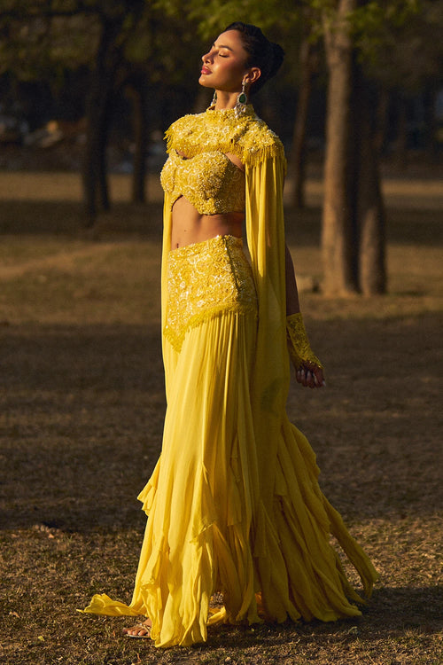 Cia Yellow Cape and Frill Skirt Set