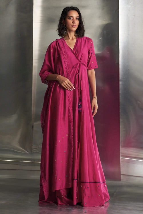 Pop Pink Tie-Up Anarkali With Jogger