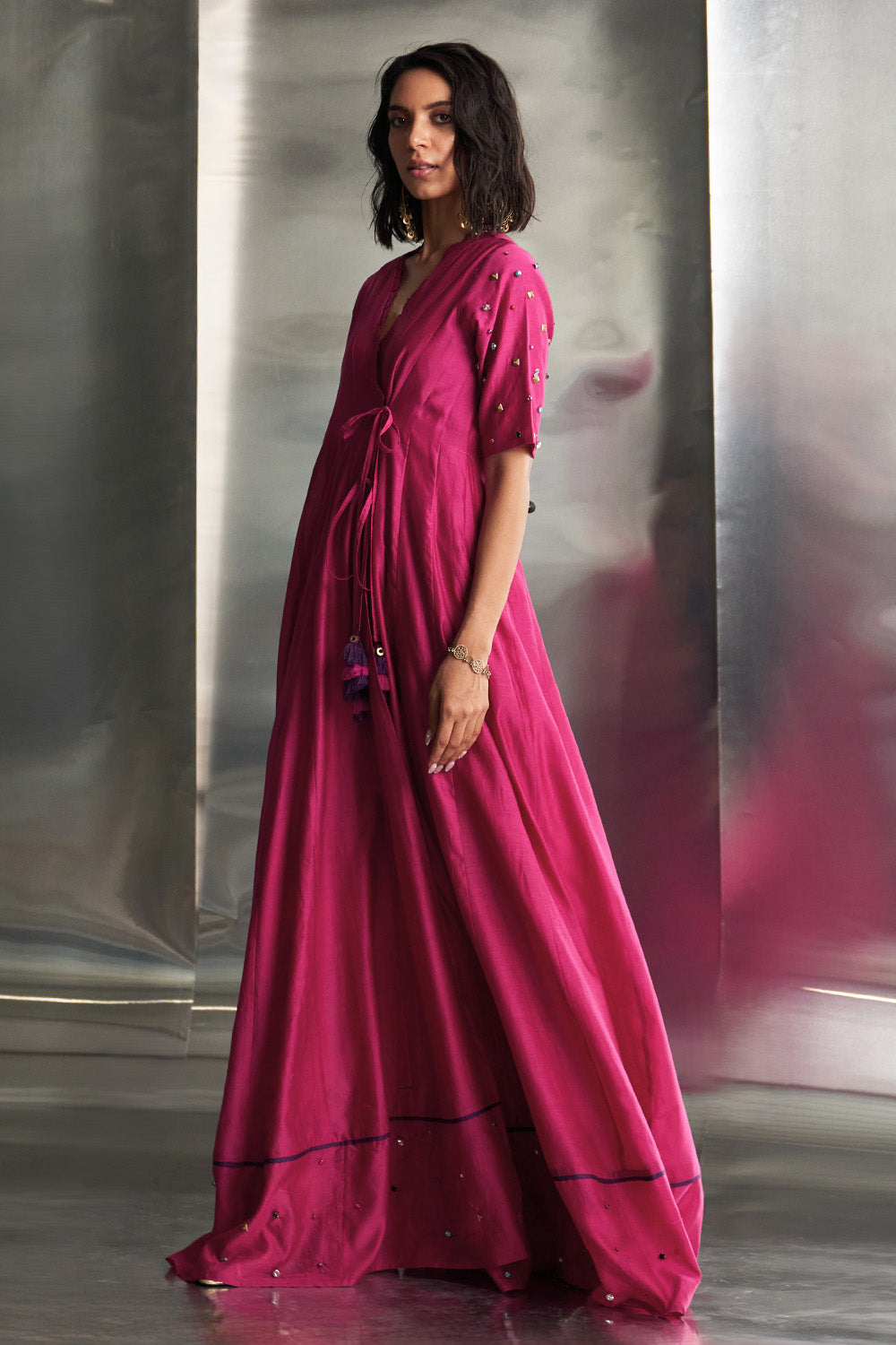 Pop Pink Tie-Up Anarkali With Jogger