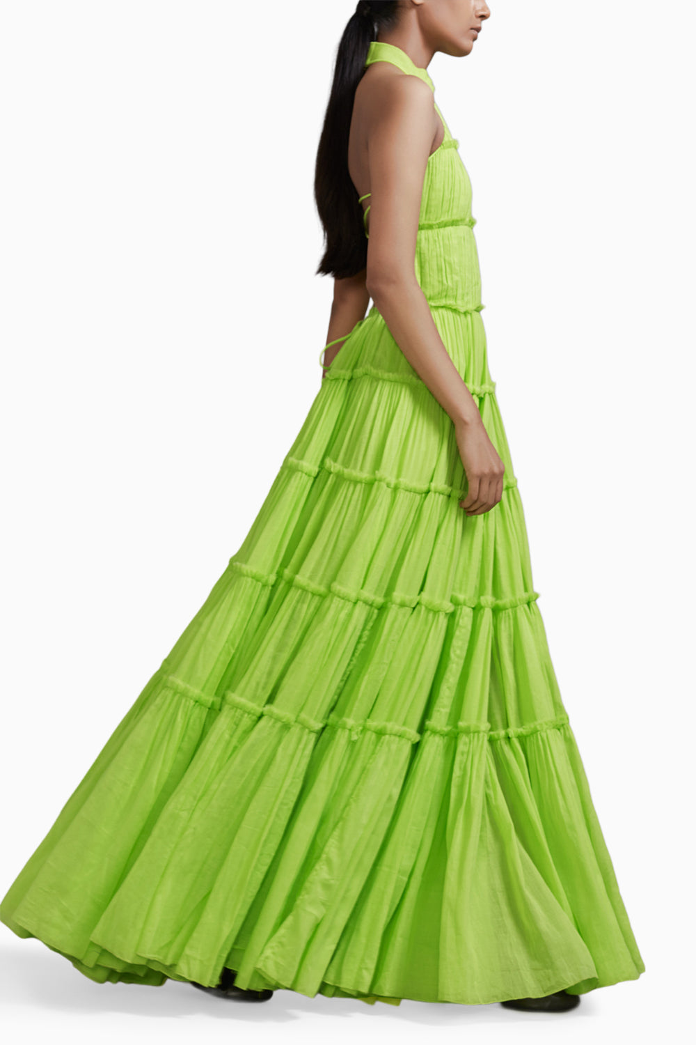 Neon Green Backless Tiered Gown