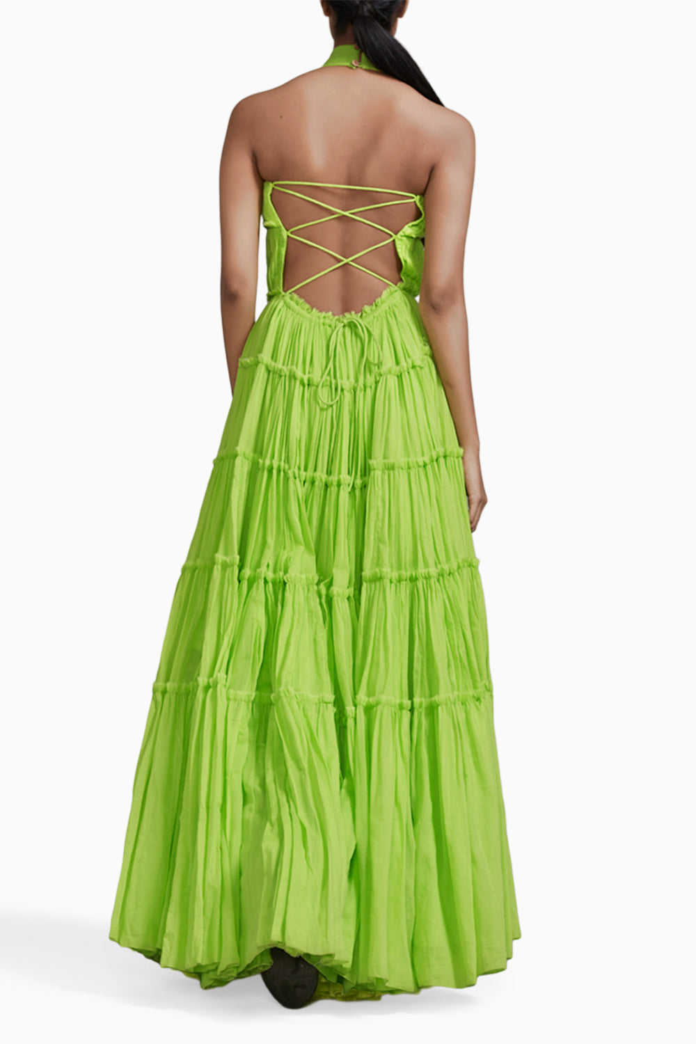Neon Green Backless Tiered Gown