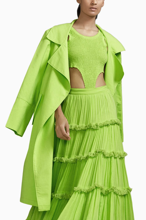 Neon Green Bodysuit-Lehenga-Jacket Set
