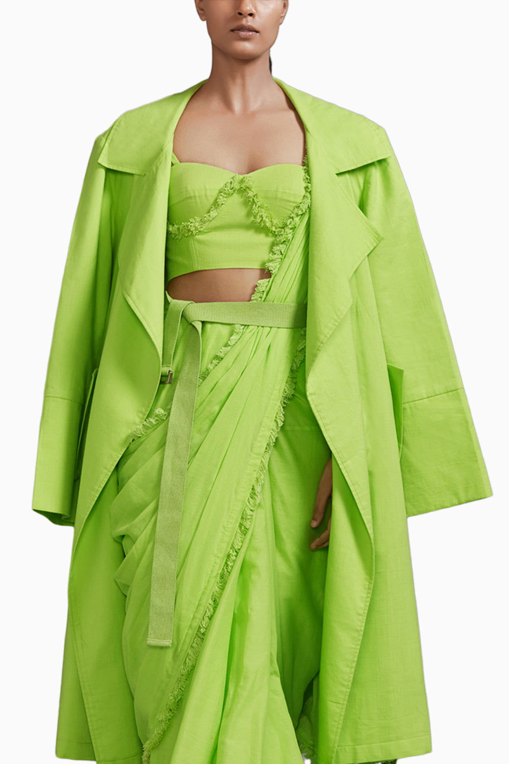 Neon Green Fringed Saree-Corset-Jacket Set