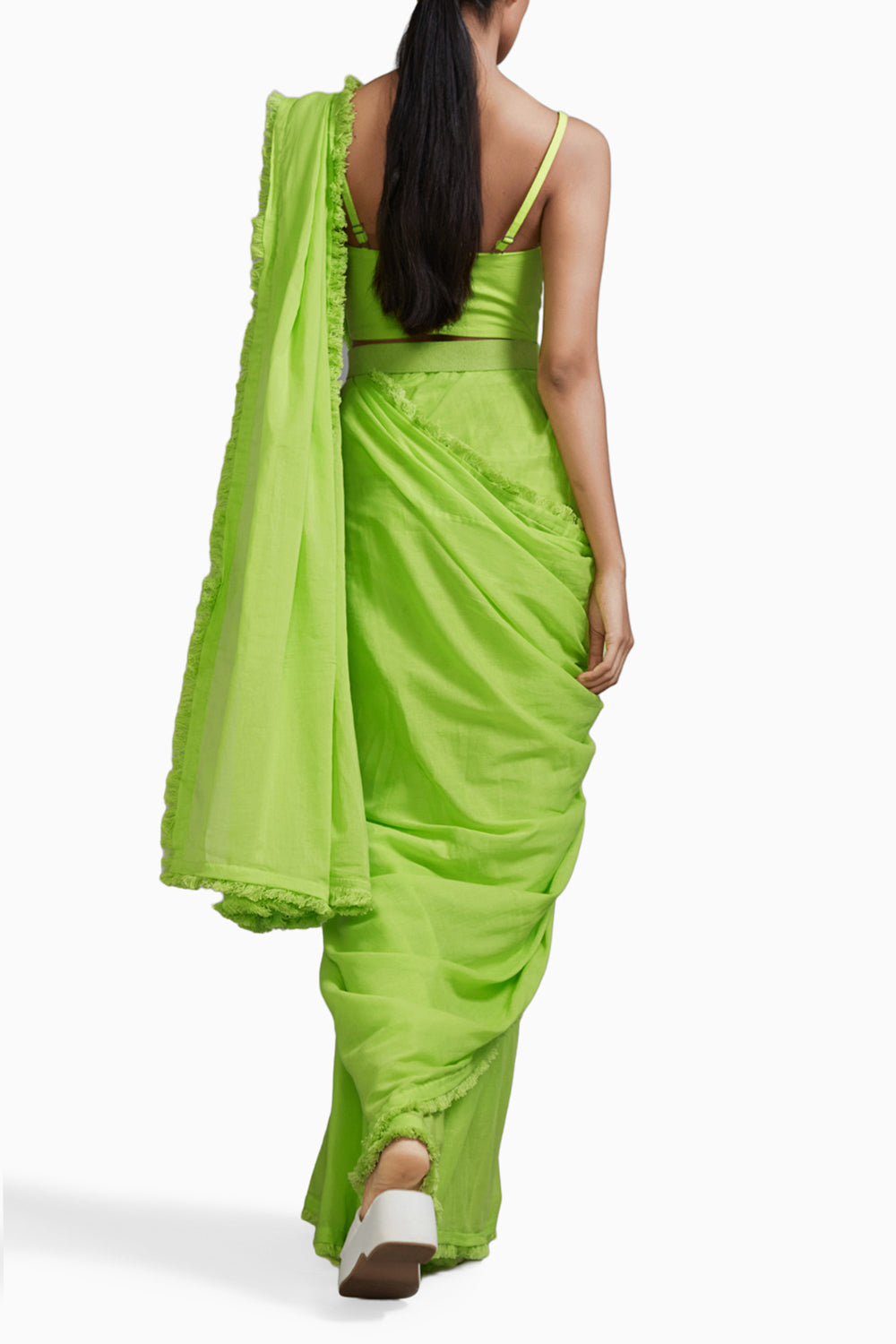 Neon Green Saree & Fringed Corset Set