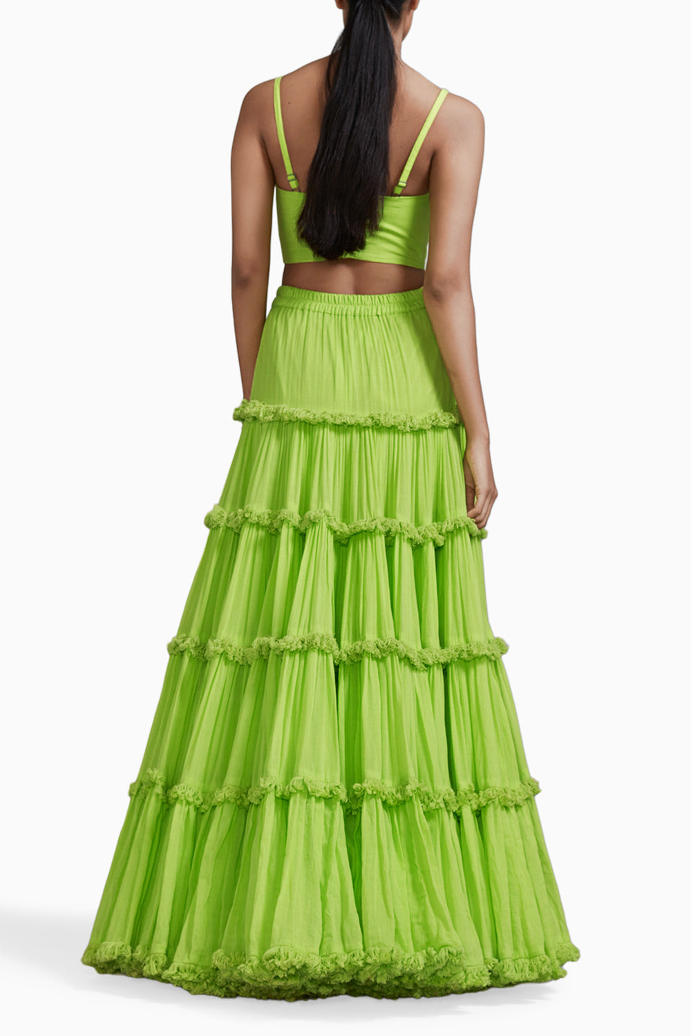 Neon Green Fringed Tiered Lehenga Set