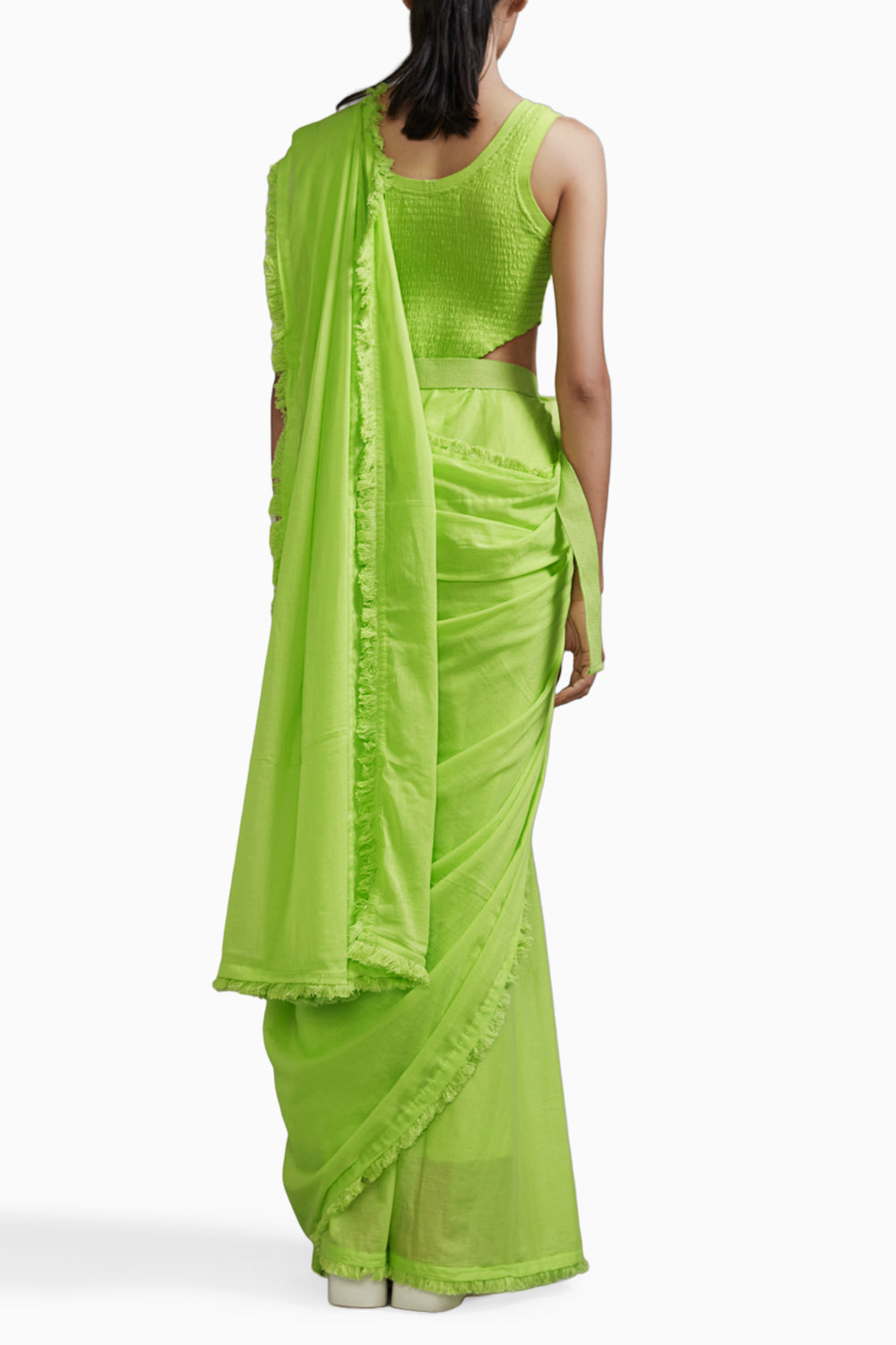Neon Green Saree & Smocked Bodysuit Set