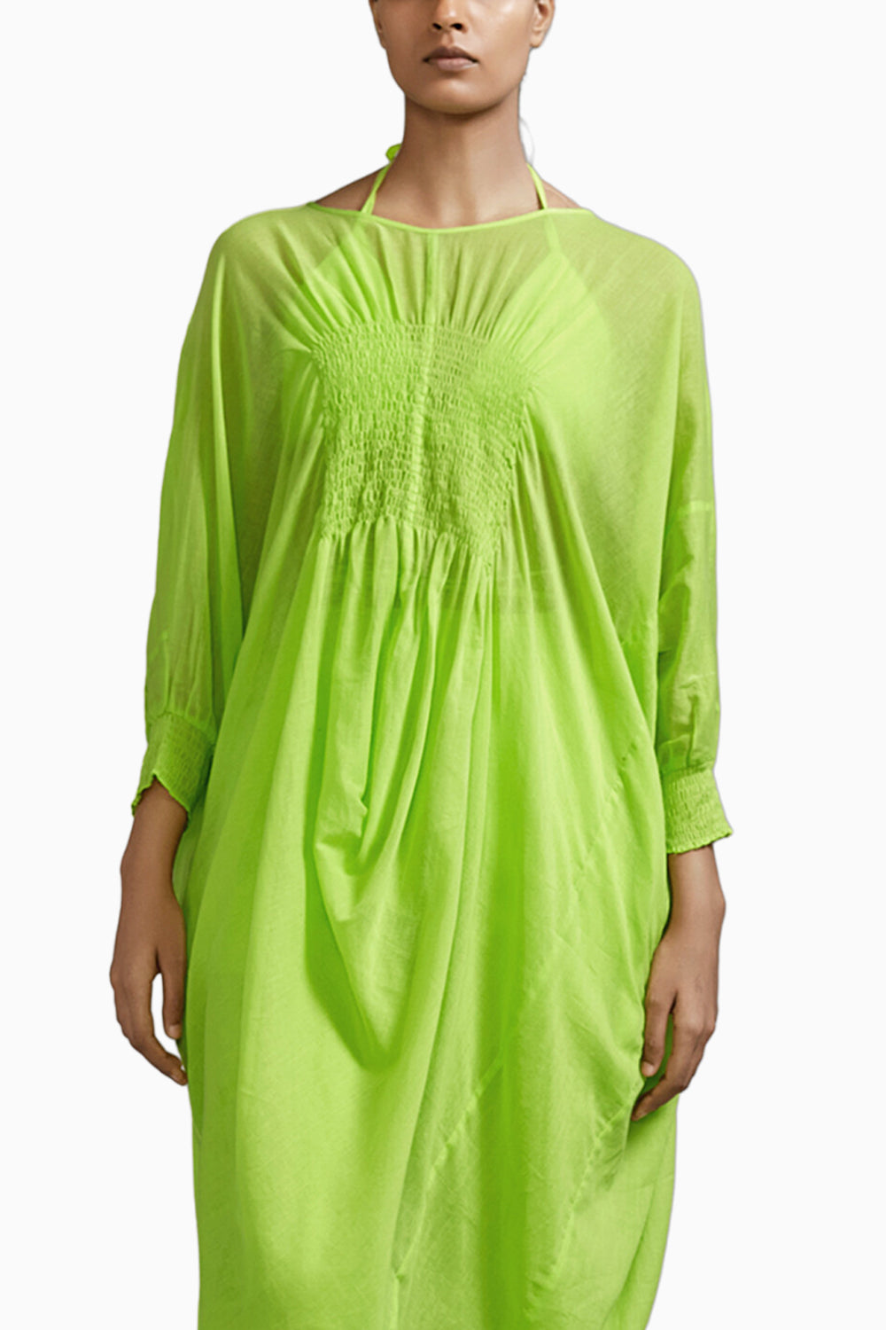 Neon Green Smocked Cowl Tunic Set