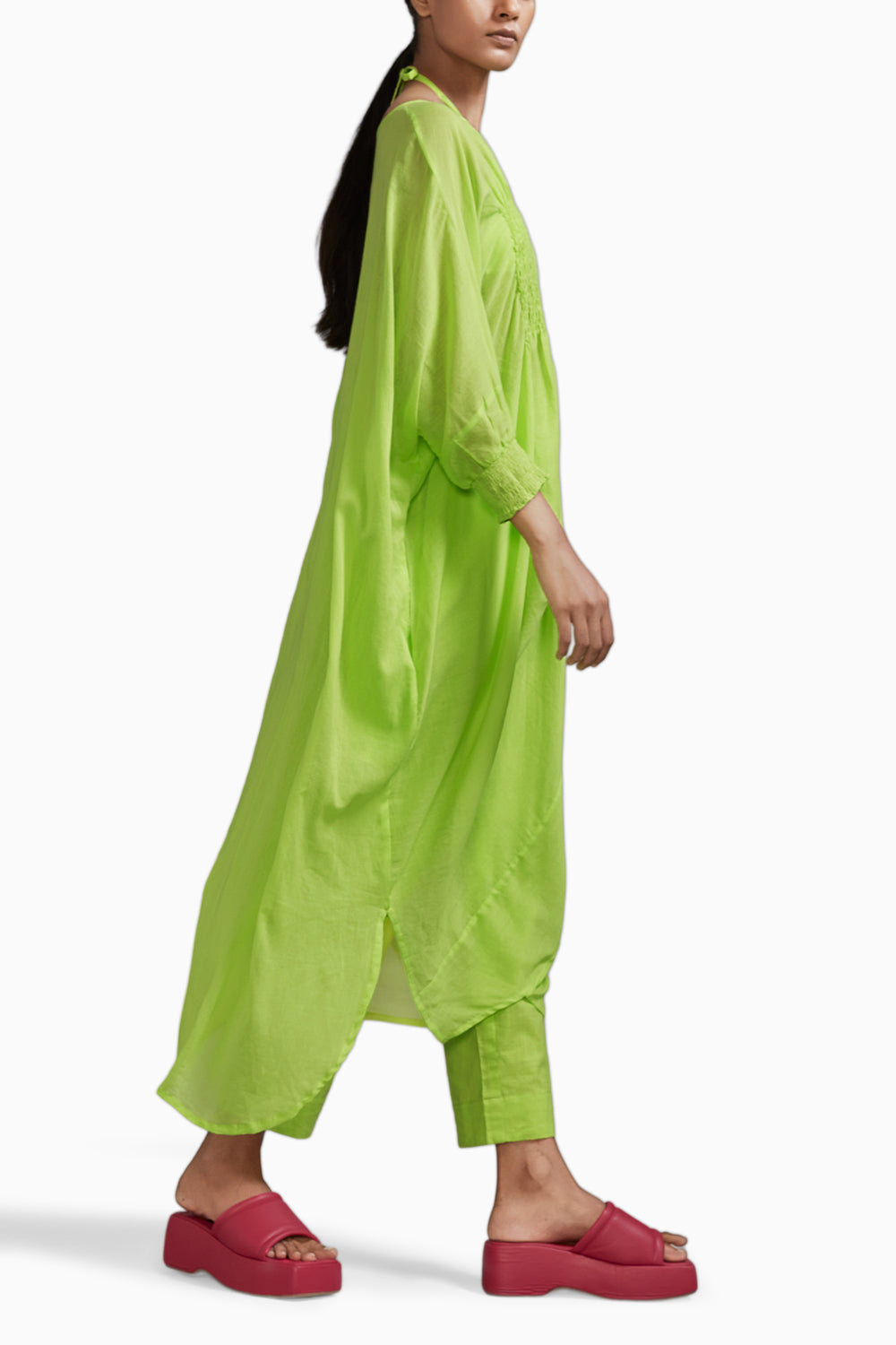 Neon Green Smocked Cowl Tunic Set