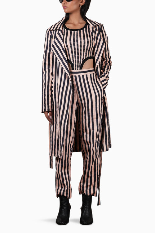 Pink With Charcoal Block Printed Striped Trench and Bodysuit Set