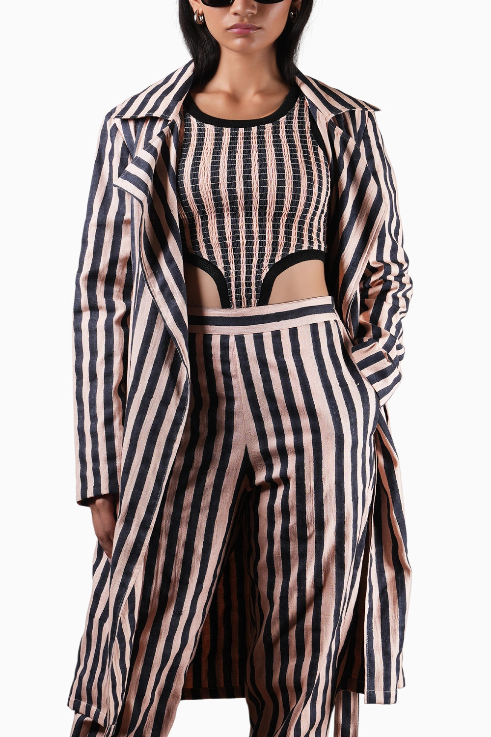 Pink With Charcoal Block Printed Striped Trench and Bodysuit Set