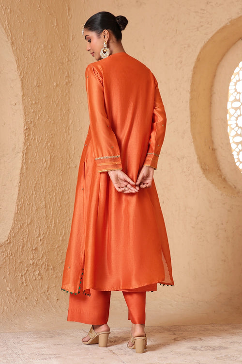 Mehrang Orange Frockstyle Kurta Set With Dupatta