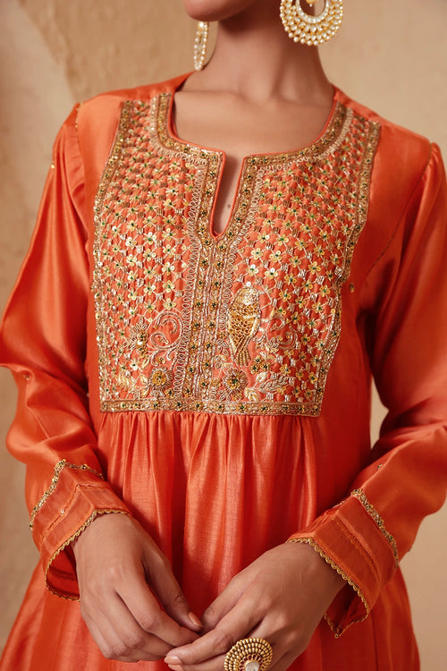 Mehrang Orange Frockstyle Kurta Set With Dupatta