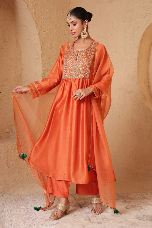 Mehrang Orange Frockstyle Kurta Set With Dupatta